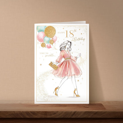 18th Birthday Card for Girls - Age 18 Stylish Girl & Balloons Design - Embossed Gold Foil Finish - Premium Greeting Card with Envelope