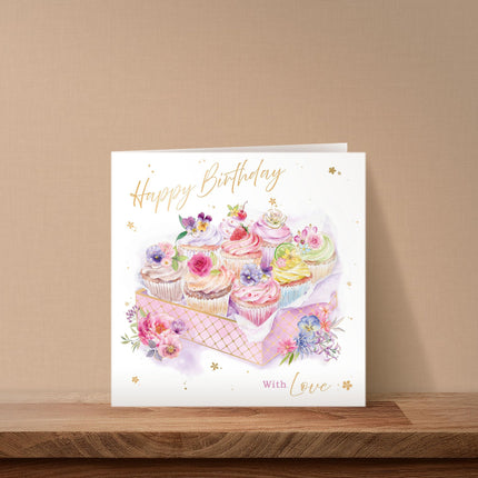 Birthday Card for Women - Pretty Cupcakes & Flowers Design - Premium Greeting Card with Envelope