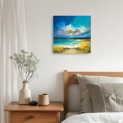 Artistic Abstract Ocean Skies Canvas Wall Art - 'Cornish Coastline' by Anna Schofield - Dramatic Nature Themed Artwork - Ready to Hang Home Décor - 30cm x 30cm