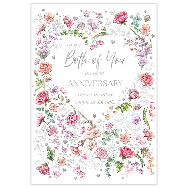 Anniversary Card for Both of You - Romantic Love Hearts & Roses Design - Embossed Silver Foil Finish - Premium Greeting Card with Envelope