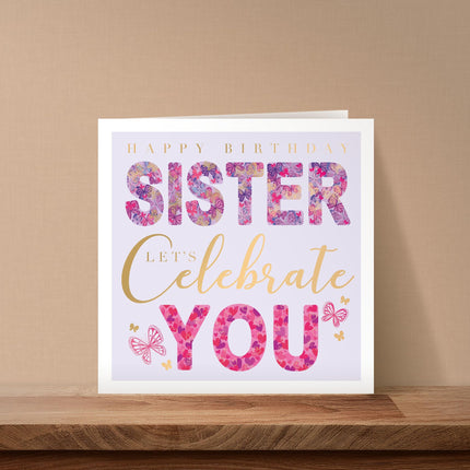 Birthday Card for Sister - Pretty Butterflies & Love Hearts Design - Embossed Gold & Pink Foil Finish - Premium Greeting Card with Envelope