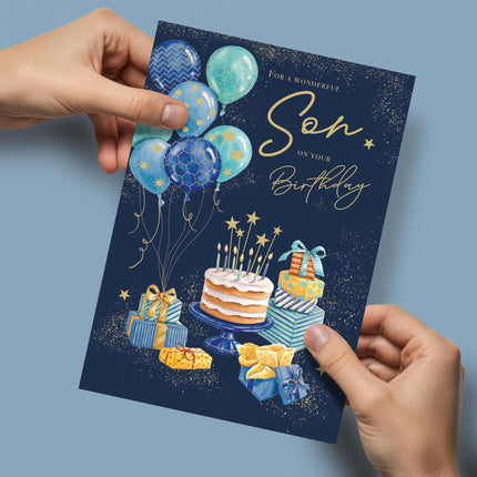 Birthday Card for Son - Fun Balloons & Cake Design - Premium Greeting Card with Envelope