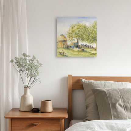 Bunny Rabbits on the Farm Canvas Print Wall Art - Artistic 'The Haystack' by Catherine Stephenson - Countryside Farmer Themed Artwork - Ready to Hang Quirky Home Décor - 30 x 30cm