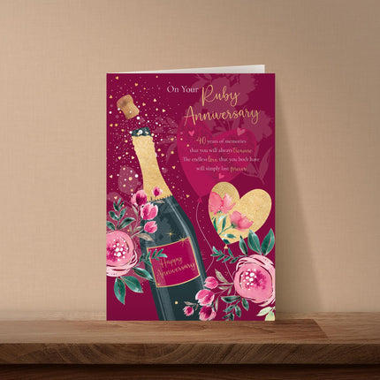 Ruby Wedding Anniversary Card - 40 Years - Elegant Champagne, Love Hearts & Roses Design - Gold Foil Finish - Premium Greeting Card with Envelope