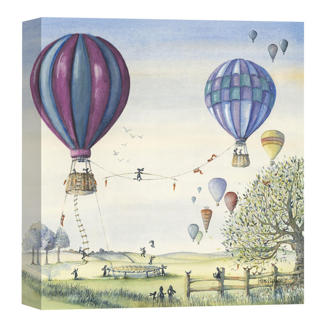 Rabbits & Hot Air Balloons Canvas Wall Art - Artistic 'Bunny Balance' by Catherine Stephenson - Countryside Themed Artwork - Ready to Hang Quirky Home Décor - 30 x 30cm