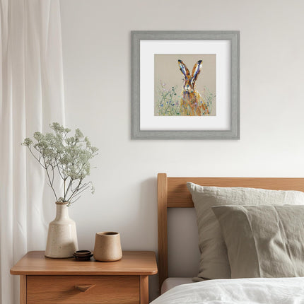 Hare & Wildflowers Framed Print Wall Art - 'Spring Meadow' by Louise Luton - Wildlife Themed Artwork - Ready to Hang Animal Home Décor - 35cm x 35cm
