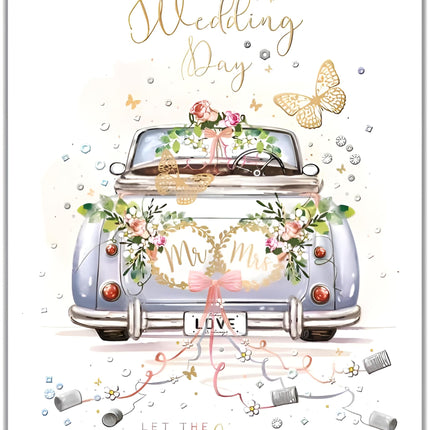 Wedding Congratulations Card - Floral Classic Car and Butterflies Design - Wedding Card for a Special Couple
