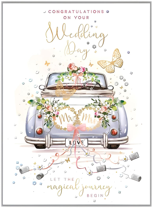 Wedding Congratulations Card - Floral Classic Car and Butterflies Design - Wedding Card for a Special Couple