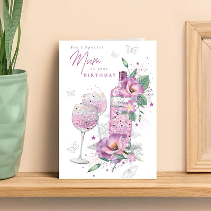Birthday Card for Mum - Pretty Floral Wine Design - Premium Greeting Card with Envelope