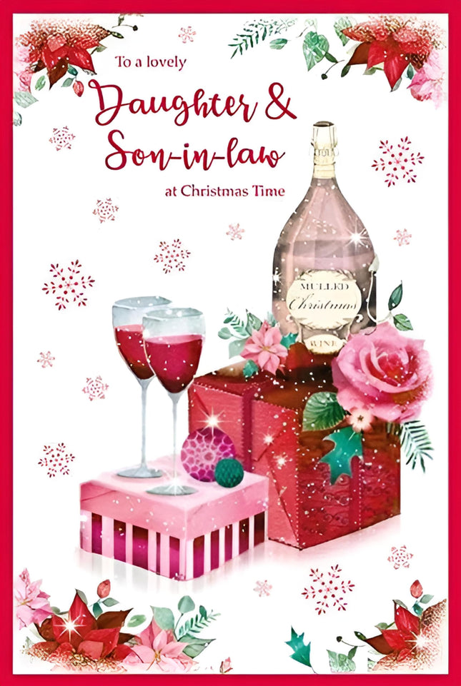 Christmas Card for Daughter and Son-in-Law - Champagne and Gifts - Flitter Finish - Premium Quality Special Christmas Greeting Card with Envelope