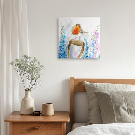 Robin Canvas Wall Art - 'Rosie Robin' by Sarah Reilly - Wildlife Themed Artwork - Ready to Hang Garden Bird Home Décor - 30cm x 30cm