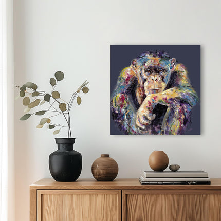 Chimpanzee Canvas Wall Art - 'I'm Still Thinking' by Louise Luton - Artistic Animal Print - Ready to Hang Home Décor - 40cm x 40cm