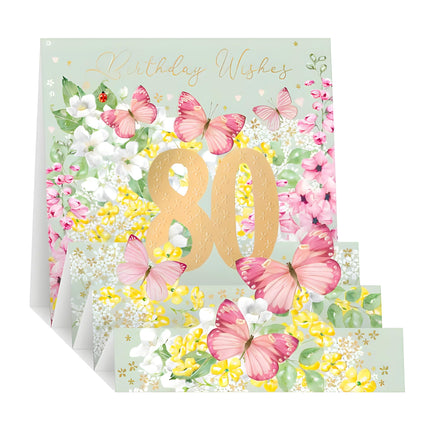 Female Pop Up 80th Birthday Card - Happy Birthday Card Age 80 with 'Birthday Wishes' Floral Butterfly Design and an Embossed Foil Finish - Birthday Card for Women