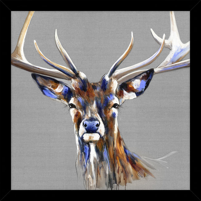 Stag Framed Print Wall Art - Animal Themed Home Decor - Louise Luton Artwork - Ready to Hang 'Sterling' Painting - 43.5 x 43.5 cm