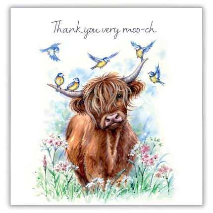 Thank You Cards Pack of 6 - Amusing Highland Cow and Birds Design - Blank Greeting Cards with Envelopes - ‘Thank You Very Moo-ch’.