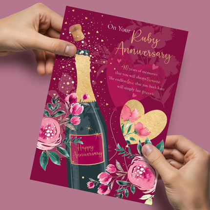 Ruby Wedding Anniversary Card - 40 Years - Elegant Champagne, Love Hearts & Roses Design - Gold Foil Finish - Premium Greeting Card with Envelope