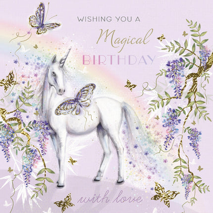 Birthday Card for Girls - Floral Unicorn & Butterfly Design - Pretty Birthday Greeting Card