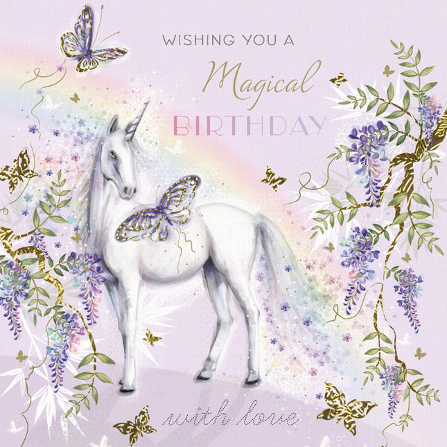 Birthday Card for Girls - Floral Unicorn & Butterfly Design - Pretty Birthday Greeting Card