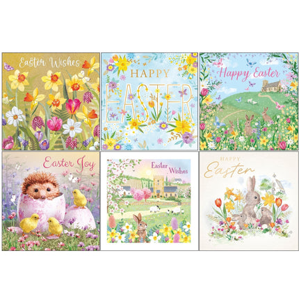 Easter Greeting Cards Pack of 6 - Happy Easter Cards with 6 Assorted Designs - Spring Flowers, Countryside and Cute - General Multipack for Family, Friends and Children - 127 x 127mm