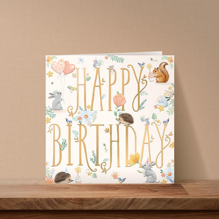 Birthday Card for Women - Adorable Woodland Animals & Party Design - Embossed Gold Foil Finish - Premium Greeting Card with Envelope