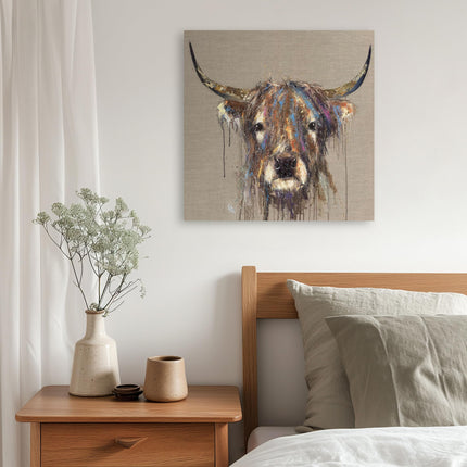 Artistic Highland Cow Canvas Wall Art - 'Faithful' by Louise Luton - Farm Animal Themed Artwork - Ready to Hang Home Décor - 40cm x 40cm