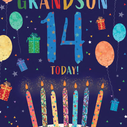 14th Birthday Card for Grandson - Age 14 Fun Cake & Balloons Design - Premium Greeting Card with Envelope