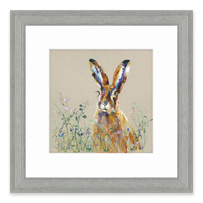 Hare & Wildflowers Framed Print Wall Art - 'Spring Meadow' by Louise Luton - Wildlife Themed Artwork - Ready to Hang Animal Home Décor - 35cm x 35cm