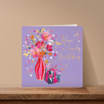 Birthday Card for Women - Pretty Flowers & Present Design - Embossed Gold Foil Finish - Premium Special Birthday Greeting Card with Envelope for Her
