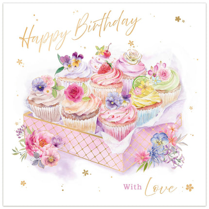 Birthday Card for Women - Pretty Cupcakes & Flowers Design - Premium Greeting Card with Envelope