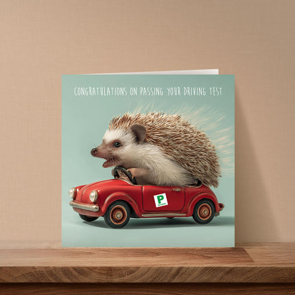 Funny Congratulations on Passing Your Driving Test Card - Cute Hedgehog in Classic Car Design - Premium Greeting Card with Envelope