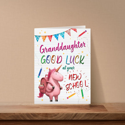 Good Luck at Your New School Card for Granddaughter - Cute Unicorn Design - Premium Greeting Card with Envelope - Eco-Friendly & Recyclable