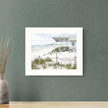 Artistic Coastal Framed Print – Beachfront Home & Seascape Picture - ‘The Beach House’ by Richard Macneil – Ready to Hang Wall Art - Seaside Themed Home Décor – 37cm x 31cm