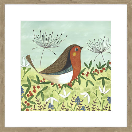 Artistic Robin & Wildflowers Framed Print Wall Art - 'Winter Robin' by Linda Hoskin - Nature Themed Artwork - Ready to Hang Garden Bird Home Décor - 42cm x 42cm