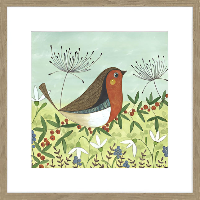 Artistic Robin & Wildflowers Framed Print Wall Art - 'Winter Robin' by Linda Hoskin - Nature Themed Artwork - Ready to Hang Garden Bird Home Décor - 42cm x 42cm