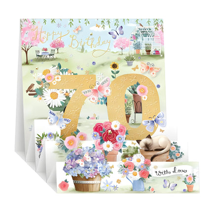 Female Pop Up 70th Birthday Card - Happy Birthday Card Age 70 with Floral Garden and Cat Design with an Embossed Foil Finish