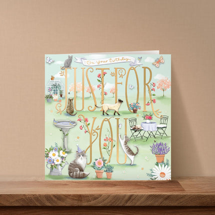 Birthday Card for Women - Cute Cats & Floral Garden Design - Embossed Gold Foil Finish - Premium Greeting Card with Envelope - Just For You