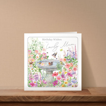 Birthday Card for Mum - Pretty Floral Bird Bath Design - Premium Greeting Card with Envelope
