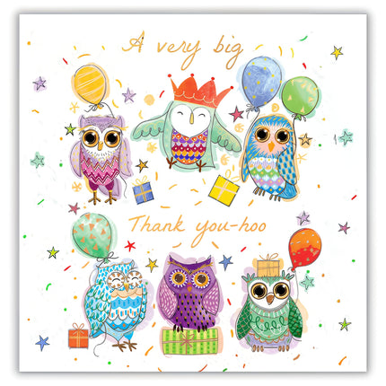 Thank You Cards Pack of 6 - Amusing Owl Party Design - For Adults or Children - Blank Greeting Cards with Envelopes - ‘A Very Big Thank Yoo-Hoo’