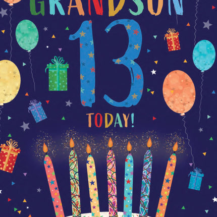 13th Birthday Card for Grandson - Age 13 Fun Cake & Balloons Design - Premium Greeting Card with Envelope