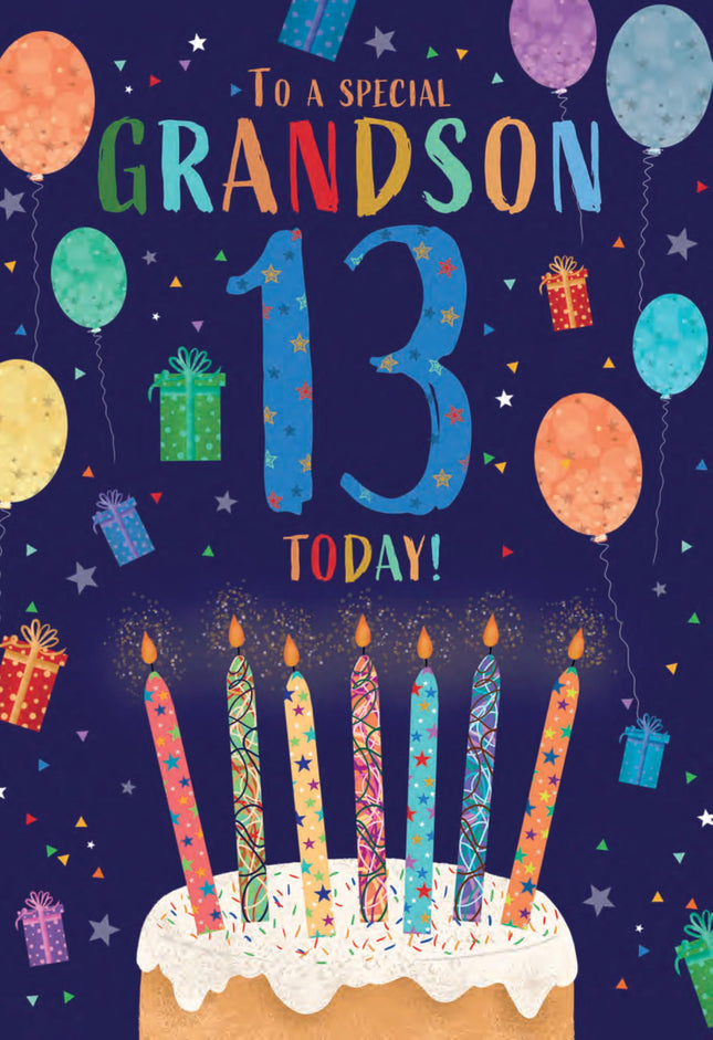 13th Birthday Card for Grandson - Age 13 Fun Cake & Balloons Design - Premium Greeting Card with Envelope
