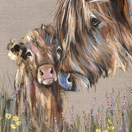 Artistic Highland Cow & Calf Framed Print – Endearing 'Heather & Buttercup' Picture by Louise Luton - Ready to Hang Wall Art - Charming Home Décor – 37cm x 31cm