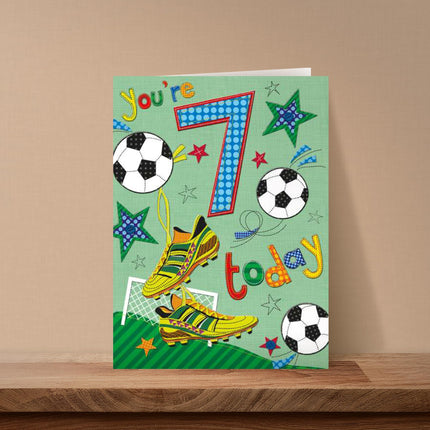 7th Birthday Card for Boys - Age 7 - Sporty Football Design - Embossed Metallic Finish - Premium Greeting Card with Envelope