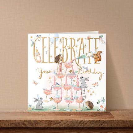 Birthday Card for Women - Cute Woodland Animals & Champagne Design - Embossed Gold Foil Finish - Premium Greeting Card with Envelope