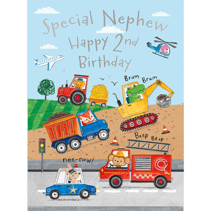 2nd Birthday Card for Nephew - Cute Animal & Vehicle Design with Trucks, Diggers & Emergency Vehicles - Age 2 Birthday Greeting Card for Boys