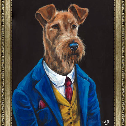 Artistic Dog in Suit Framed Print Wall Art - 'Fergus Fleabag' by Louise Brown - Quirky Animal Themed Artwork - Ready to Hang Home Décor - 45cm x 35cm