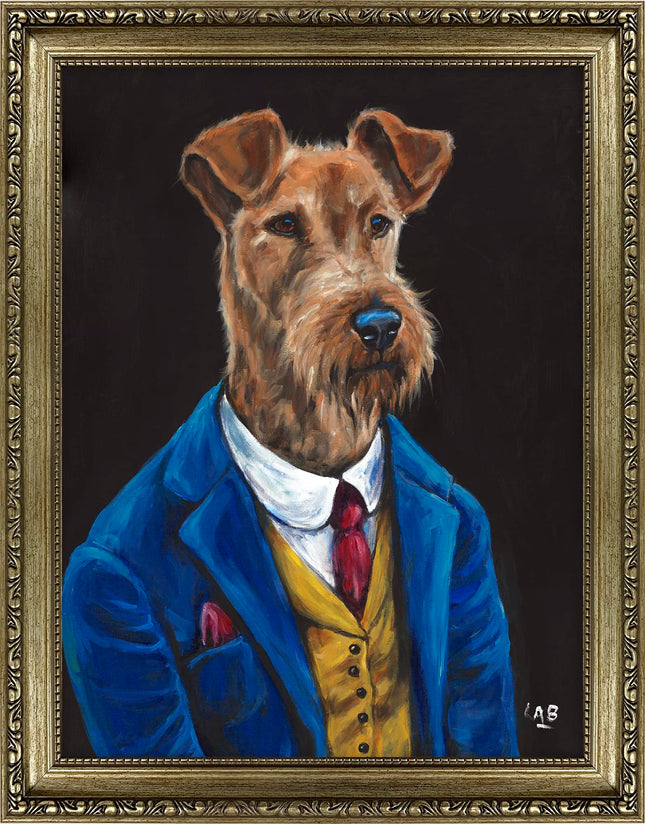 Artistic Dog in Suit Framed Print Wall Art - 'Fergus Fleabag' by Louise Brown - Quirky Animal Themed Artwork - Ready to Hang Home Décor - 45cm x 35cm