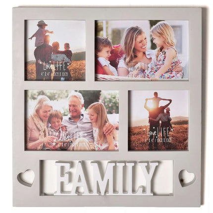 Widdop & Co Family Photo Frame 30x30cm - Collage Style with 4 Picture Slots, Heart Cut-Out & "Family" Word Art - Home Décor or Sentimental Gift