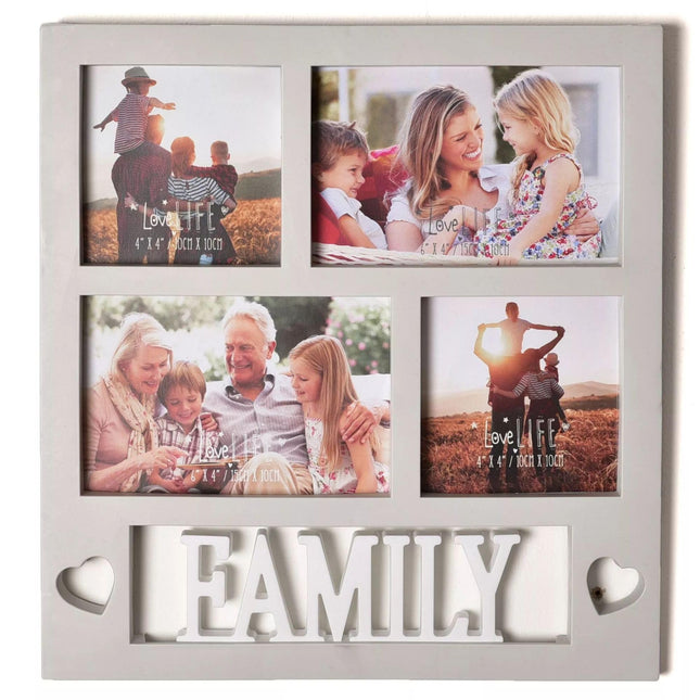 Widdop & Co Family Photo Frame 30x30cm - Collage Style with 4 Picture Slots, Heart Cut-Out & "Family" Word Art - Home Décor or Sentimental Gift