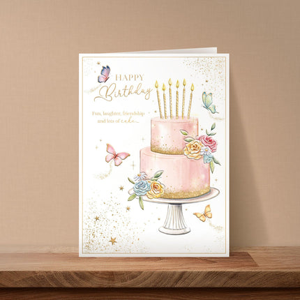 Birthday Card for Women - Pretty Cake, Flowers & Butterflies Design - Embossed Gold Foil Finish - Premium Birthday Greeting Card with Envelope