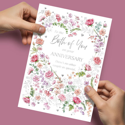 Anniversary Card for Both of You - Romantic Love Hearts & Roses Design - Embossed Silver Foil Finish - Premium Greeting Card with Envelope